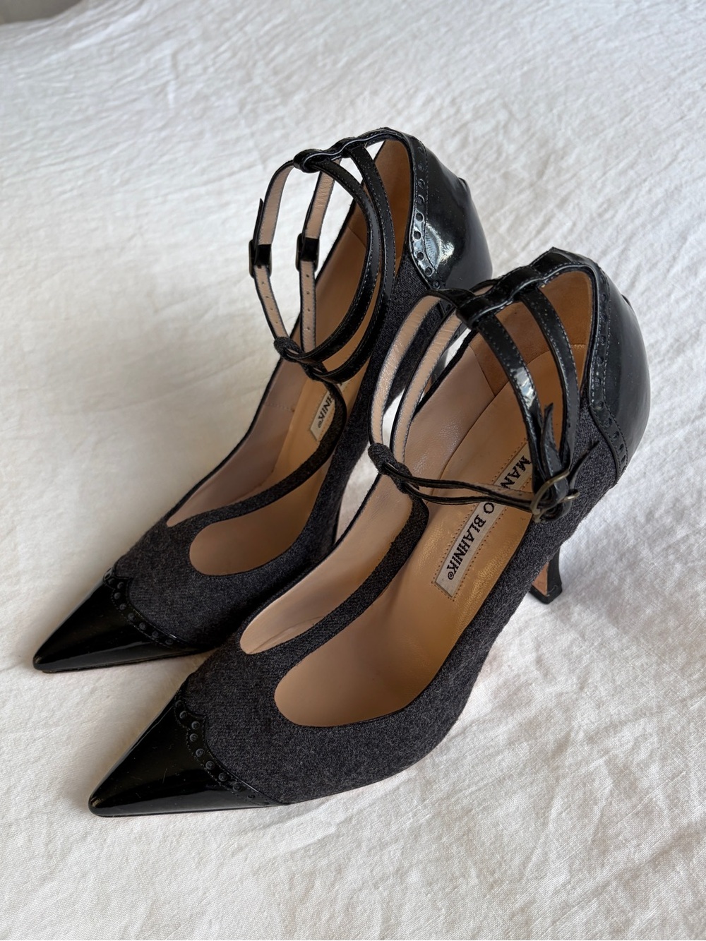 Vintage Manolo Blahnik Wool Patent Leather T Strap Ankle Strap Heels Black Gray